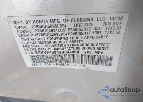 2009 Honda Pilot Touring from USA, damaged, VIN 5FNYF48949B044464